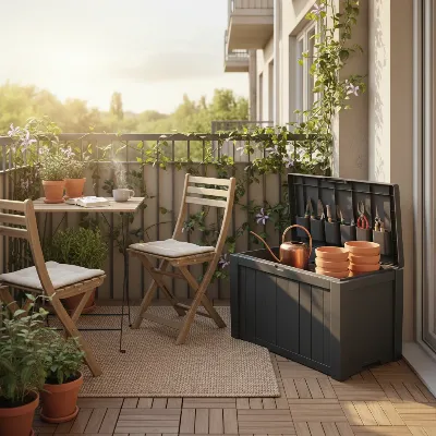 Small deck box on a tiny balcony storing gardening tools and plant pots, illustrating efficient space use
