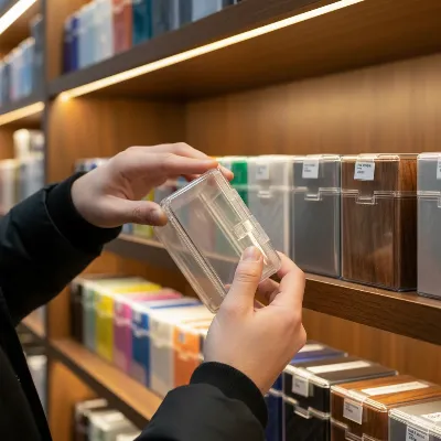 A person examining different types of deck boxes for pest-proof features in a well-organized store