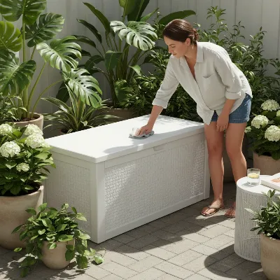 Person cleaning a multi-functional deck box with seating on a patio.