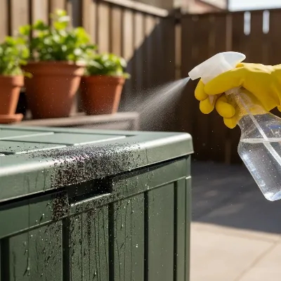 Applying cleaning solution to a moldy plastic deck box with a spray bottle