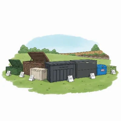 A diverse collection of outdoor deck boxes from various brands, including Rubbermaid, in different styles and sizes.