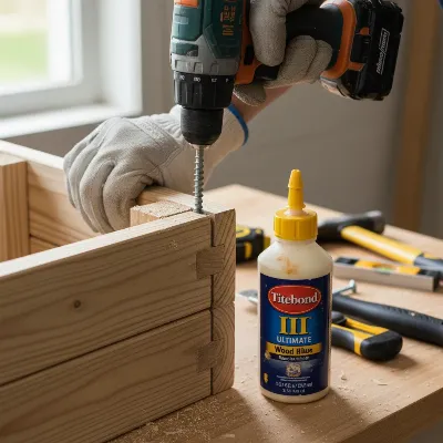 Hands assembling a wooden deck box frame with screws and wood glue on a workshop bench