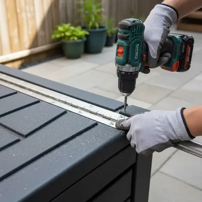 Continuous metal hinge being installed on a deck box