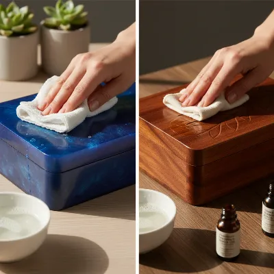 A person gently wiping down a resin deck box with a soft cloth and mild soap, while in the background a hand polishes a wooden deck box with wood oil, illustrating care tips