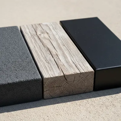 Close-up comparison of resin, wood, and metal deck box materials showcasing texture and finish differences