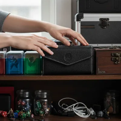 A person selecting a Deck Box from a diverse display of various materials and sizes, focusing on quality and fit for their trading cards.
