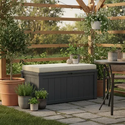 Durable resin deck box with seating on a small patio, filled with cushions.