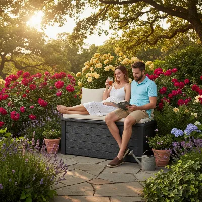 Keter Westwood resin deck box in a beautiful garden setting used as outdoor seating