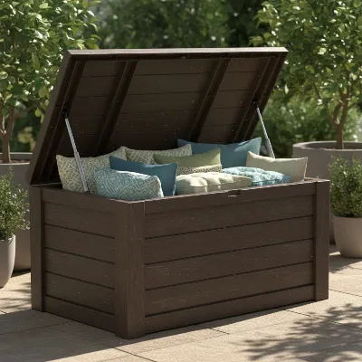 Keter Westwood resin deck box lid open showing interior space and hydraulic pistons for easy access