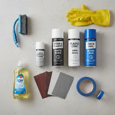 Assortment of painting supplies for resin deck boxes, including spray paint cans, primer, sandpaper, cleaning agents, gloves, and painter's tape.