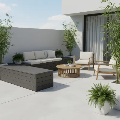 A stylish, modern deck box on a well-organized patio with green plants and outdoor furniture, illustrating clutter reduction