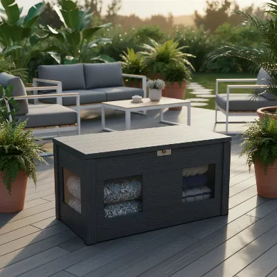 A sleek, modern lockable resin deck box on a tidy patio, surrounded by outdoor furniture and potted plants.