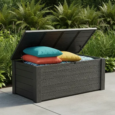 A modern grey waterproof deck box on a sleek patio with neatly stored colorful cushions.