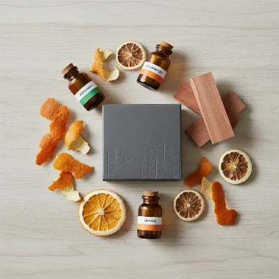 A collection of natural bug repellents (peppermint, cedar, citrus) arranged around a card deck box