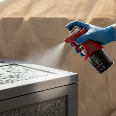 Close-up of a person's gloved hand spray painting a resin deck box with even, sweeping motions, showcasing the proper technique for a smooth, peel-free finish.