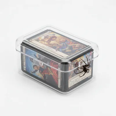 A sealed hard plastic deck box protecting trading cards from insects and moisture