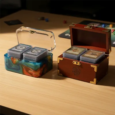 A side-by-side comparison of a sleek, modern resin deck box and a richly detailed, handcrafted wooden deck box, both holding TCG cards, on a gaming table under soft ambient light, studio photography style