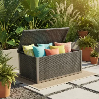 Elegant resin wicker deck box on a modern patio with cushions, optimizing outdoor storage and style