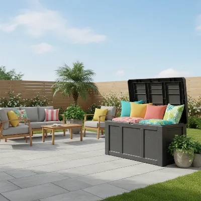 A wide shot of a Rubbermaid Roughneck Resin Deck Box on a sunny patio, filled with cushions.