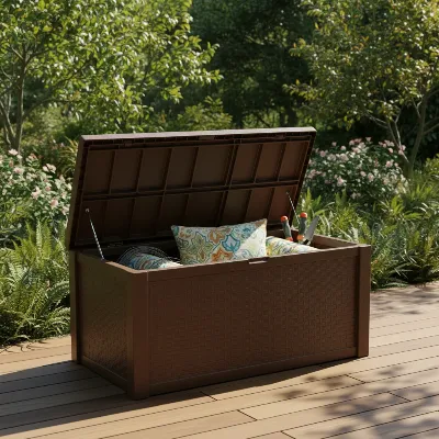 A Suncast 99-gallon resin deck box sitting elegantly on a modern patio, filled with cushions and gardening tools.