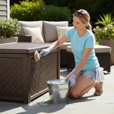 A person cleaning a Suncast resin deck box with a soft brush and water, showing proper maintenance.