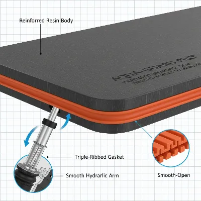 Close-up of a waterproof deck box with visible weather seals and a hydraulic lid mechanism.