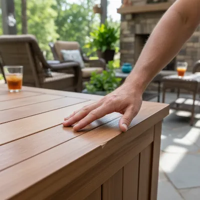 A person checking a waterproofed wooden deck box for signs of wear and tear, highlighting the importance of reapplication and maintenance, in a realistic and informative style