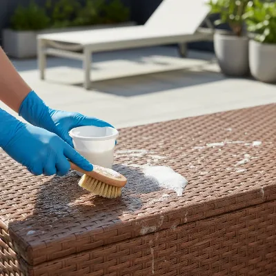 A person cleaning a wicker deck box on a patio with a soft brush and mild soap solution, highlighting care.