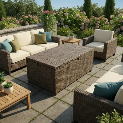 A stylish wicker deck box blending seamlessly with modern patio furniture on a sunny deck, filled with vibrant cushions.